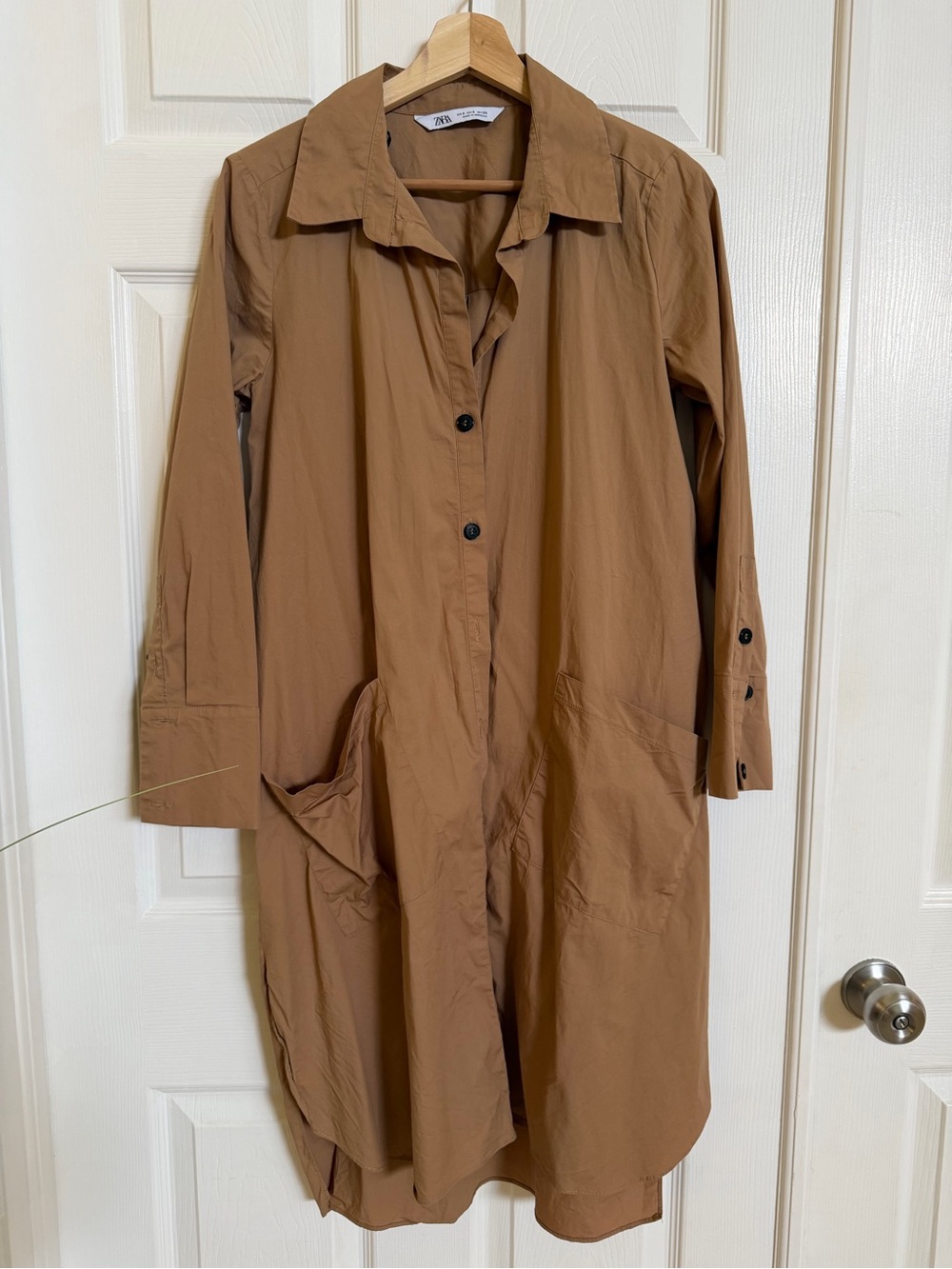 Zara Tan-Brown Long Button-Front Shirt Dress